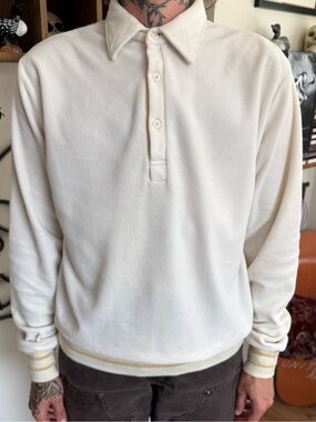 Vintage 70s 80s Velour Off White Long Sleeve Polo ~ Size Medium